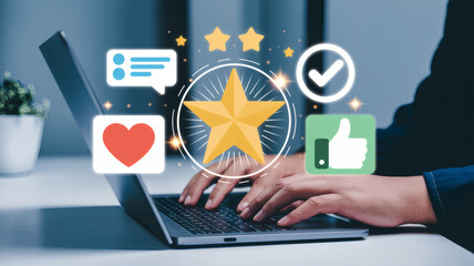 Customer satisfaction and positive feedback icons overlaying a person typing on a laptop demonstrating online reviews and user experience