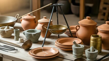A rustic table displaying a collection of historical cookware, including terracotta pots, stone mortars, and metal utensils - Powered by Adobe