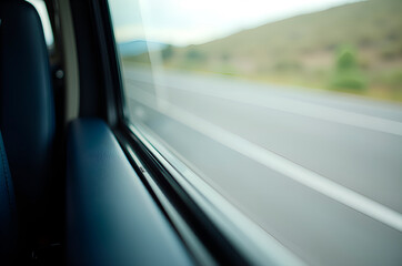 Motion Blur View from Car Window Shows Road and Distant Landscap