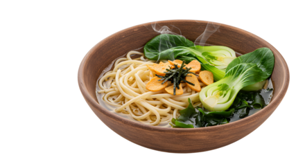 Steaming bowl of Asian noodle soup with bok choy, seaweed, and garlic in wooden bowl, perfect for healthy meals