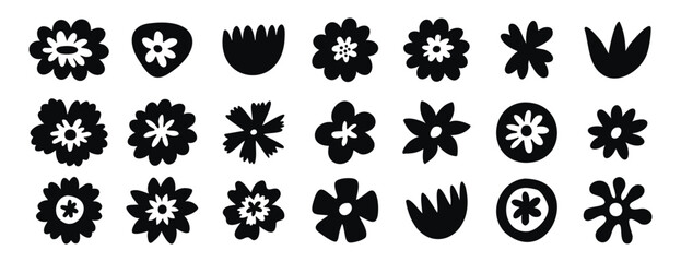 Naive daisy flowers clipart set with top view blooms and leaves. Monochrome line art, hand drawn.
