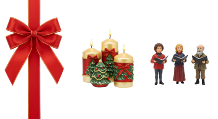 Christmas red bow, decorative candles with holly and pine, and Christmas carolers figurines, perfect for holiday decorations and festive displays