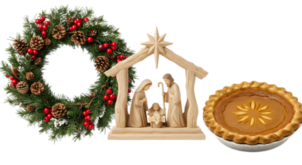 Christmas wreath nativity scene and pumpkin pie holiday decorations for festive winter celebration and traditional family gatherings