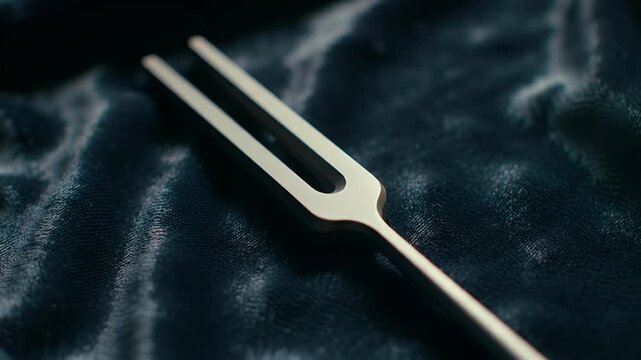 A metallic tuning fork rests on a dark, textured fabric, its prongs catching the light.