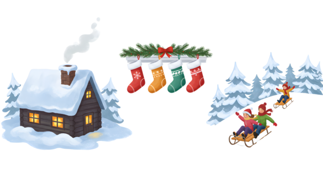 Cozy winter cabin with glowing windows, Christmas stockings garland, and children sledding down snowy hill with pine trees, perfect for holiday and winter themes