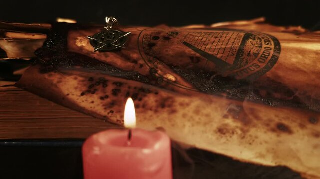 The Eye of Providence Illuminati Symbol on Old Parchment in Candle Light