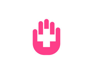 Abstract medical cross, plus in the palm logo, design. Universal minimalistic clinic, pharmacy, healthcare  sign symbol logotype