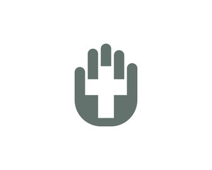 Fototapeta premium Abstract Christian cross in the hand palm logo design. Universal minimalistic religion, faith sign symbol logotype.