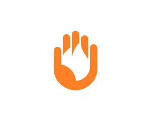 Abstract fire, flame in the hand palm logo design. Universal minimalistic danger, burning, energy  sign symbol logotype.