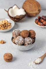 Homemade vegan healthy sugar-free candies made from dried fruits and nuts. Healthy eating.