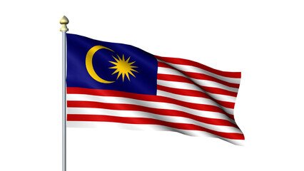 Waving Malaysia national flag on flagpole with transparent background