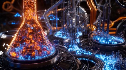 Floating island shaped like chemistry flask filled glowing liquid lakes and lab structures