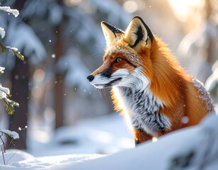 Red fox in snowy forest at sunrise