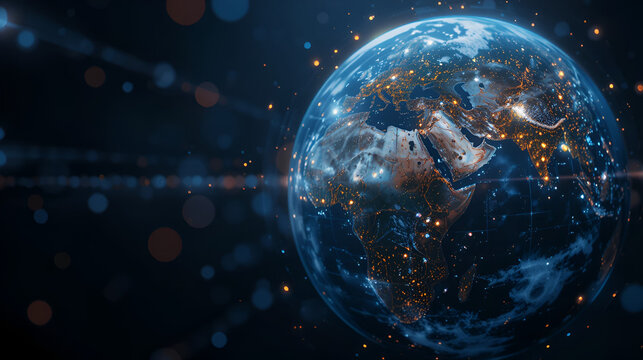 earth globe on a dark abstract background/ fibber optics background with lots of light spots