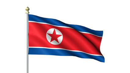 Waving North Korea national flag on flagpole with transparent background