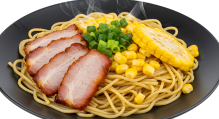 Plate of ramen noodles with sliced roasted pork, corn, grilled corn cob, and chopped green onions, close-up on black dish, perfect for food blogs and menus