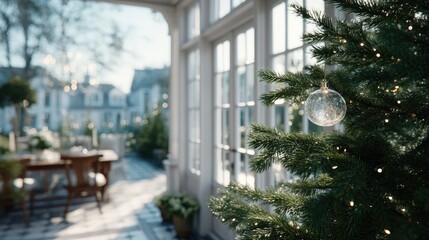 Festive Christmas Tree Ornament on Porch with Sunlight and Soft Bokeh