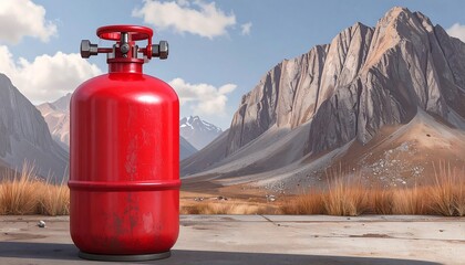 Red gas cylinder in mountainous landscape