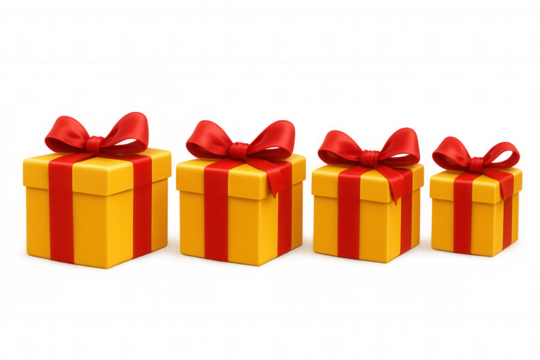 Four yellow present boxes tied with shiny red ribbons and bows, symbolizing celebration, holidays, or birthdays
