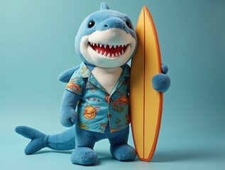Fototapeta premium Plush shark wearing Hawaiian shirt holding surfboard