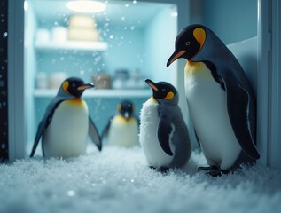 Fototapeta premium Emperor penguins finding food in refrigerator with snow and ice