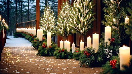 Enchanting winter wedding aisle with glowing candles and evergreens creates a romantic and magical atmosphere perfect for celebrations and special events