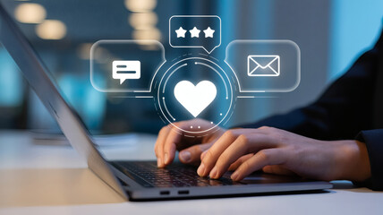 Hands typing on a laptop with digital icons representing social media engagement feedback and communication floating above the keyboard