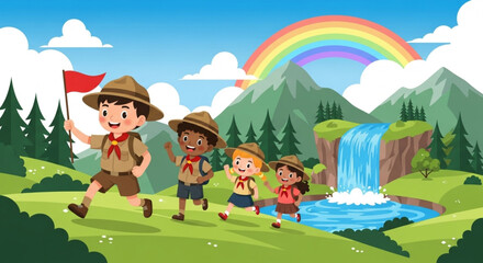 World Scout Day , the birthday of the Father of World Scouting scouting expedition, exploring a scenic mountain landscape with a waterfall and a vibrant rainbow