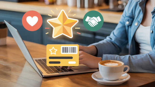 Woman using laptop with loyalty card and social media icons for online rewards and engagement in a cafe setting