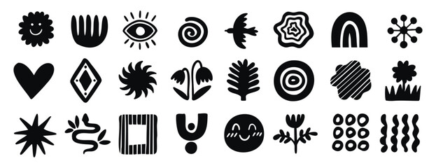 Boho organic shapes with floral, bird and eye motifs and flowing lines. Monochrome line art, hand drawn.