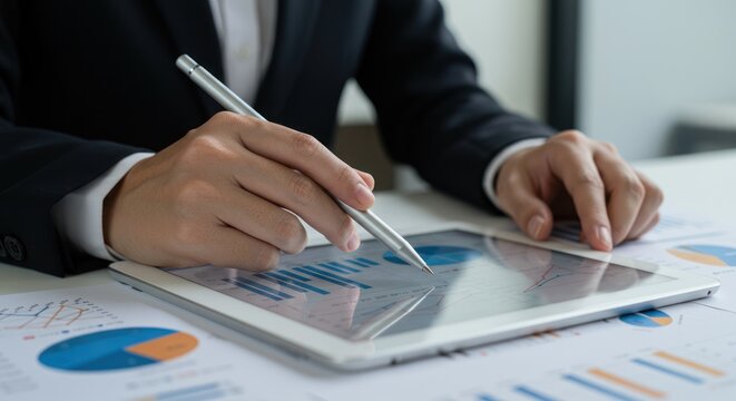 Person using a stylus on a tablet displaying charts and graphs.