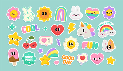 Cute Stickers with Pony Unicorn, funny Cat Unicorn (collection 3). Cool Y2k stickers set of cartoon signs and Kawaii emoticons for kids print and clothing design. Funny cartoon vector icons