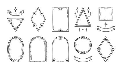 Thin line mystical frames set with stars, medieval boho accents, hand drawn, line art outline, hand drawn