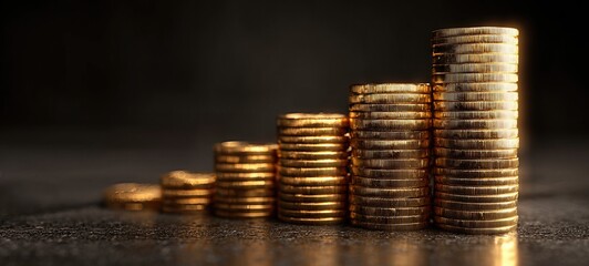 Golden Coin Stacks Rising with Sparkling Bokeh