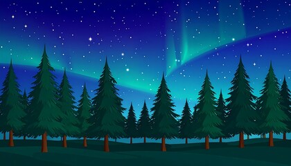 Night forest with aurora borealis