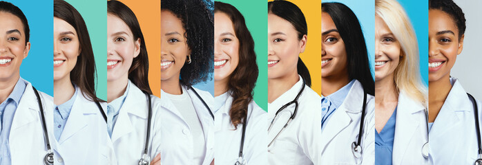 A collage features male and female doctors of various ethnic backgrounds smiling confidently.