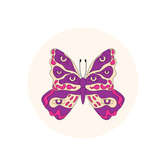 Groovy retro butterfly with colorful eye detail in a circle sticker. Psychedelic y2k graphic style defines this package seal, great for lid label and trendy product accent.