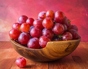 Red grapes in wooden bowl against a blurred background