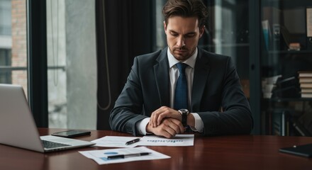 Businessman in suit checks wristwatch at desk with laptop and papers.