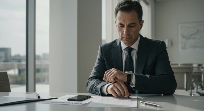 Businessman in suit checks wristwatch at desk in office with city view.