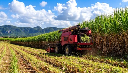 Red harvesting machine in a sugarcane field under a partly cloudy sky