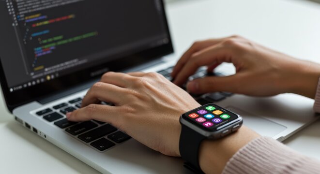 Person typing code on a laptop wearing a smartwatch on their wrist.