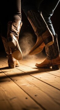 Brown leather cowboy boots actively step on a polished wooden floor, stirring up fine dust in dynamic country folk dance movement, an exciting scene.