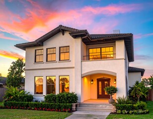 Modern home at sunset