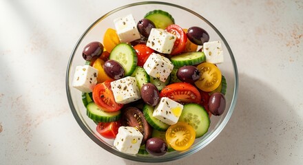 Fresh Greek Salad with Feta Cheese, Olives, Cucumbers, and Cherry Tomatoes