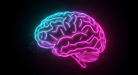 Neon brain illustration with blue and pink glowing colors  