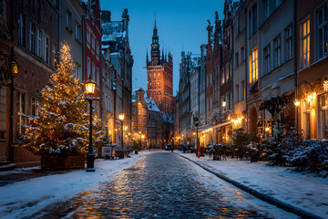 Fototapeta premium Beautiful Christmas tree in the old town of Gdansk at snowy night. Poland
