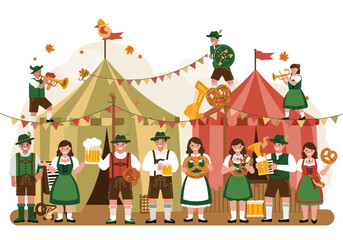 Obraz premium An Illustration of Oktoberfest Festival Celebration with Party and Music in Traditional Attire.