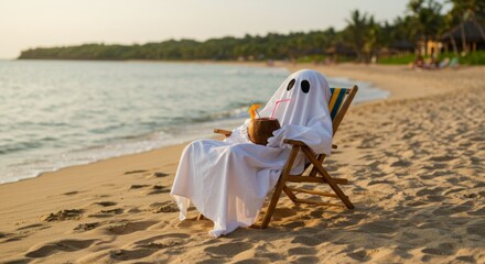 Ghost wearing costume relaxing on beach chair with coconut cocktail. Halloween character enjoying vacation. Funny spooky holiday concept for greeting card.