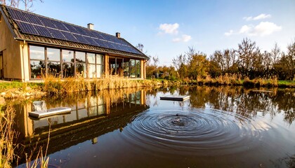 Modern home by a pond on a sunny day